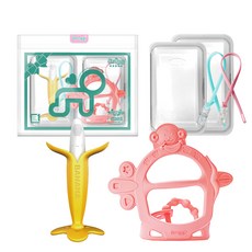 앙쥬 치발기 바나나 + 원숭이 손목 + 클립 랜덤발송 2p + 케이스 2p 세트, 노꼭지, 핑크(원숭이)