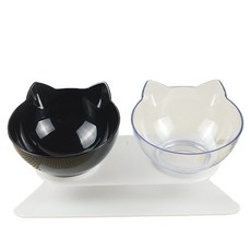 반려동물 올인원 고양이 그릇 2p + 받침대 세트 YT_RC425, 블랙 투명, 1세트