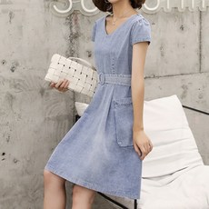 아뗄릭 캡소매 브이넥 양 포켓 데님 원피스 00006 빅사이즈 포함