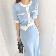 ViVEMO 突顯線條金色鈕扣針織開襟衫半身裙兩件式套裝 00099