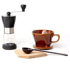 세미 도자기 커피분쇄기 + 드리퍼 + 커피여과지 + 계량스푼 핸드드립커피세트, 혼합색상, 1세트