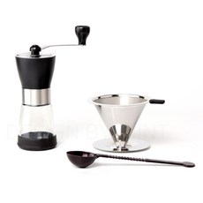 세미 스텐파인 커피분쇄기 + 드리퍼 + 계량스푼 핸드드립커피세트, 혼합색상, 1세트