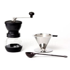 슬리브 스텐파인 커피분쇄기 + 드리퍼 + 계량스푼 핸드드립커피세트, 혼합색상, 1세트