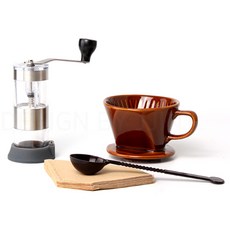캠퍼 도자기 커피분쇄기 + 드리퍼 + 커피여과지 + 계량스푼 핸드드립커피세트, 혼합색상, 1세트