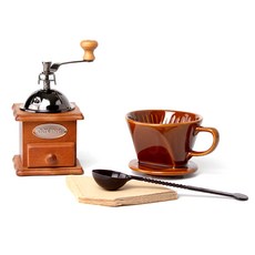 메이 도자기 커피분쇄기 + 드리퍼 + 커피여과지 + 계량스푼 핸드드립커피세트, 혼합색상, 1세트