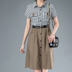 아뗄릭 레터 밴딩 체크 카라 린넨 오피스 통기성 원피스 00103 빅사이즈 포함
