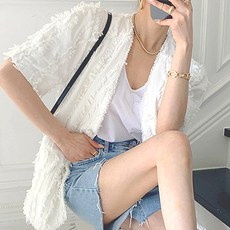 비비에모 여성용 통기성 딥 브이라인 린넨 수술 디테일 반팔 정장 자켓 00043