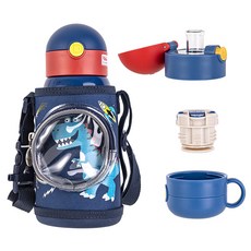 DILLER 不鏽鋼吸管型保溫瓶+瓶蓋3件組 600ml, 恐龍款 藍色, 1組