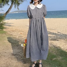 MeiChel 泡泡袖格紋長版連衣裙, 黑色