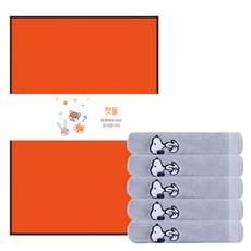 Songwol 松月 基本款史努比刺繡洗臉巾 5入+禮盒 5入+週歲賀詞腰封紙 500*70mm 5入, 淺灰色(洗臉巾)+隨機出貨(盒子)+E款(腰封帶), 1組