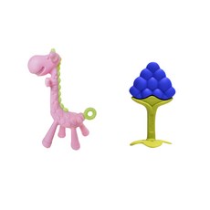 앙쥬 유아용 치발기 2종 세트, 기린 분홍, 포도 보라(치발기), 랜덤발송(실리콘클립), 1세트