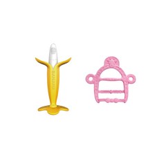 ange 長頸鹿造型固齒器 2件組, 長頸鹿固齒器(粉色)+香蕉固齒器(黃色)+矽膠夾(隨機出貨), 1組