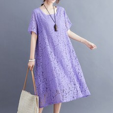 ATTERLIC 女款大尺碼蕾絲圓領連身長裙 00094, 紫色