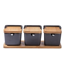 모모 주방 저장용기 사각 양념통 3p 세트, 1세트, 블랙 양념통 3p + 나무받침대
