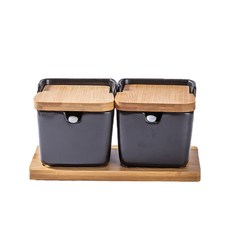 모모 주방 저장용기 사각 양념통 2p 세트, 1세트, 블랙 양념통 2p + 나무받침대