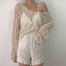 ViVEMO 女款愛心線條鏤空寬鬆長袖針織T恤 00094