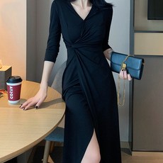 ViVEMO 扭結裹身風格長版及踝連身裙 00212 含大尺碼, 黑色
