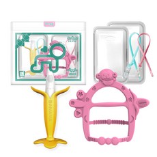 ange 香蕉造型固齒器 1入+手環穿握型固齒器 1入 附收納盒+矽膠鍊夾, 香蕉款固齒器*1入+猴子款手腕固齒器 粉色*1入+收納盒*2入+矽膠夾*2入