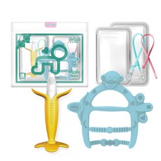 ange 香蕉造型固齒器 1入+手環穿握型固齒器 1入 附收納盒+矽膠鍊夾, 香蕉款固齒器*1入+猴子款手腕固齒器 藍色*1入+收納盒*2入+矽膠夾*2入