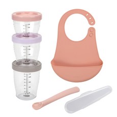 Dailylike 副食品矽膠防漏圍兜組, 粉色, 副食品容器 3入+圍兜+副食品湯匙