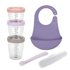 Dailylike 副食品矽膠防漏圍兜組, 紫色, 副食品容器 3入+圍兜+副食品湯匙