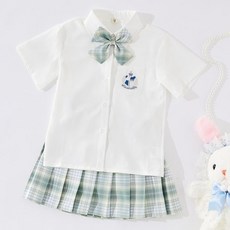 女童夏季校園風襯衫 + 領帶 + 裙子套裝