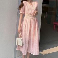 MEICHEL 女款V領綁帶碎花蕾絲長版連身裙 00105, 粉紅色