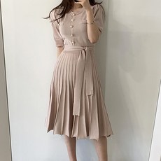 비비에모 진주 버튼 허리 매듭 플리츠 니트 원피스 00150