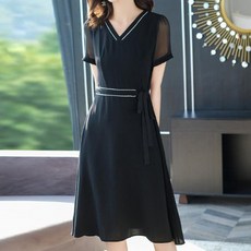 ATTERLIC V領縫線點綴雪紡夏季洋裝 00163 含大尺碼, 黑色