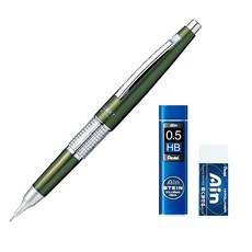 Pentel 飛龍文具 萬年 CIL Kerry 自動鉛筆 橄欖綠 P1035-KD + AIN 自動鉛筆芯 HB + AIN 橡皮擦, 0.5mm, 1套