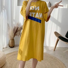 MeiChel 大尺碼英文字母印花寬鬆7分袖連衣裙, 黃色的