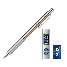Pentel 飛龍文具 ORENZ 自動鉛筆 金屬握把型 香檳金 XPP1003G2-X + AIN自動鉛筆芯 HB + 橡皮擦套組, 1套, 0.3mm