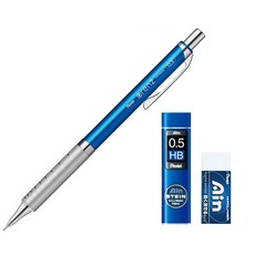 Pentel 飛龍文具 ORENZ 金屬握把型自動鉛筆 天空藍 XPP1005G2-S + AIN自動鉛筆芯 HB + AIN橡皮擦組, 0.5mm, 1組