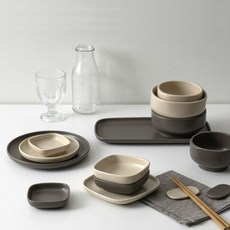 ssueim 家居圓卵石餐具組, 土米色+深灰色, 14種