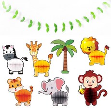 PARTYSHOW 派對紙質蜂巢動物B + 樹葉葉子拉旗 4m 套組, 混色, 1套