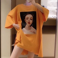 비비에모 여성용 데일리 박시한 라운드넥 프린팅 캐주얼 반팔 티셔츠 00204