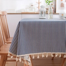流蘇條紋桌巾, 海軍藍條紋, 140 x 140 厘米