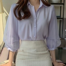 PAPERMENTS 7分蓬蓬袖透膚雪紡衫