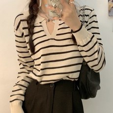 PAPERMENTS 女款V領條紋針織長袖T恤