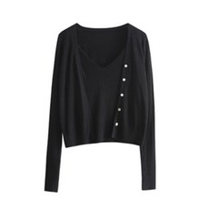 PAPERMENTS 女款V領羅紋背心針織外套套裝