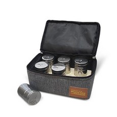 BUCK703 露營不鏽鋼調味罐6入 + 木質底座 + 收納袋套組, 鋼, 1套