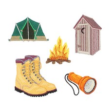 刺繡布貼 露營用品系列 1 五角帳篷 + 手提燈 + 小木屋 + 登山靴 + 營火組合, 混合顏色, 1套