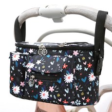 多功能斜背兩用嬰兒推車收納袋, 花朵款 黑色, 1入