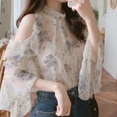 ViVEMO 清純性感透視露肩碎花罩衫 00350