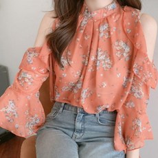 비비에모 청순 섹시 시스루 숄더트임 플라워 블라우스 00350