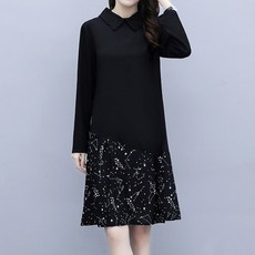 ATTERLIC 斜線銀河 整潔翻領 長袖 中長版連身裙 00253 含大尺碼, 黑色