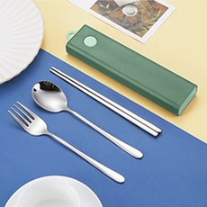 攜帶型餐具+收納盒, 綠色, 勺子+筷子+叉子+箱子