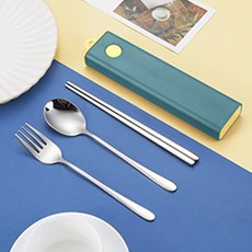 攜帶型餐具+收納盒, 藍色, 勺子+筷子+叉子+箱子