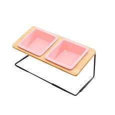 클린온 반려동물 목 보호 받침대 + 사각형 도자기 밥그릇, 핑크, 1세트