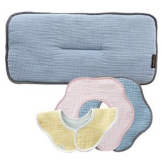 ggoom duboo 3層棉紗雙面平枕+波浪棉紗圍兜, Blue Gray (Flat Pillow)+Bib(Yellow And Mint+White And Pink+Blue Gray), 1組